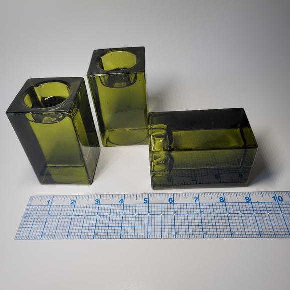 Set 3 block green glass candle holders midcentury - Picture 7 of 9